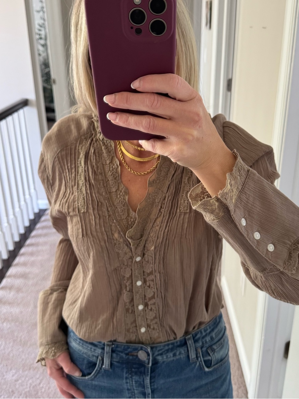 Free People Taupe Ruffle-Trim Button Front Blouse
